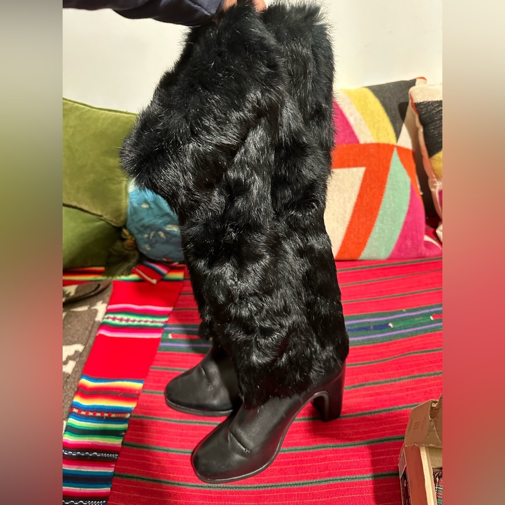 Boots, original letter and rabbit fur. Heels 3in. Boots 15in tall. Like new!